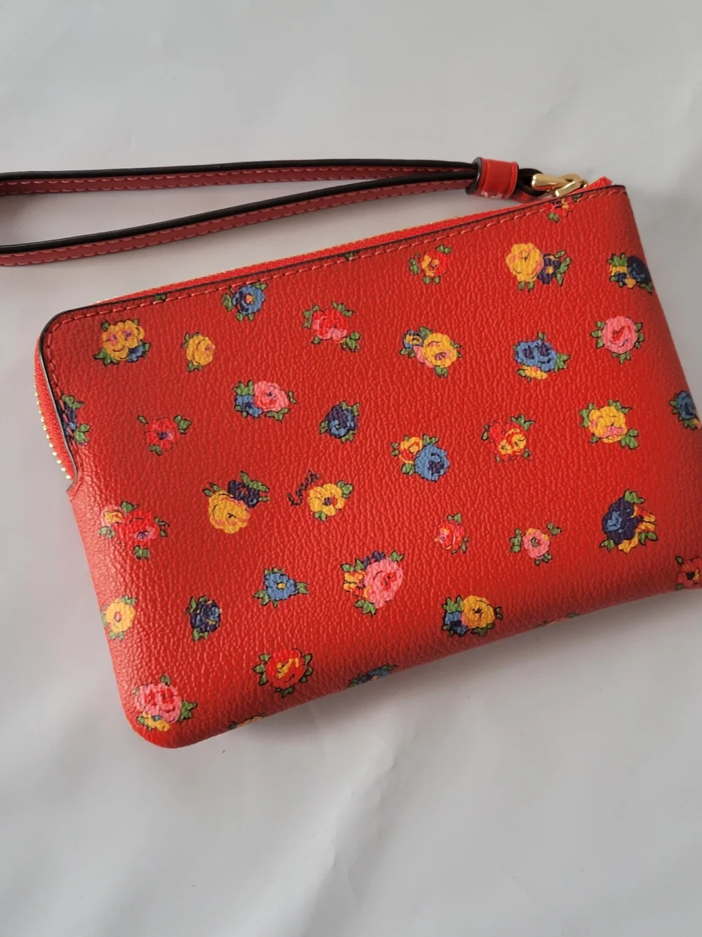 Coach Red Floral Wristlet Clutch with Gold Logo